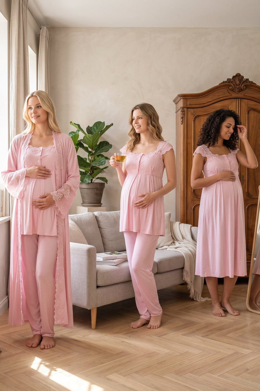 Flywheel Arm Lace Shoulder 4-Piece Maternity Feeding-Friendly Set Pink - T4066