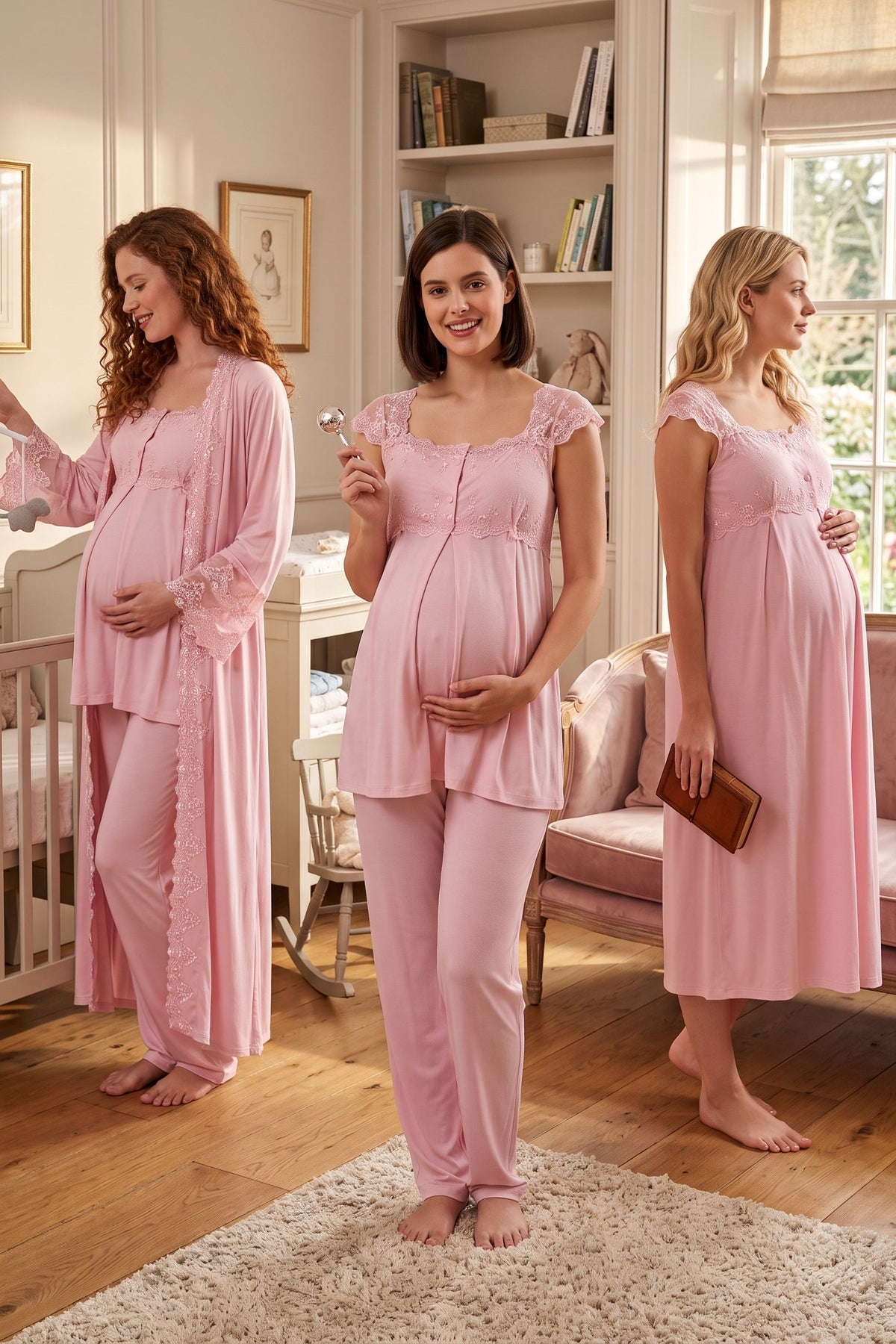 Flywheel Arm Lace Shoulder 4-Piece Maternity Feeding-Friendly Set Pink - T4066