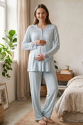 Lace Collar and Sleeve Maternity Feeding-Friendly Pajama Set Blue - T4082