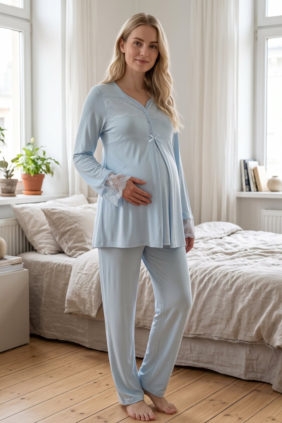 Lace Collar and Sleeve Maternity Feeding-Friendly Pajama Set Blue - T4082
