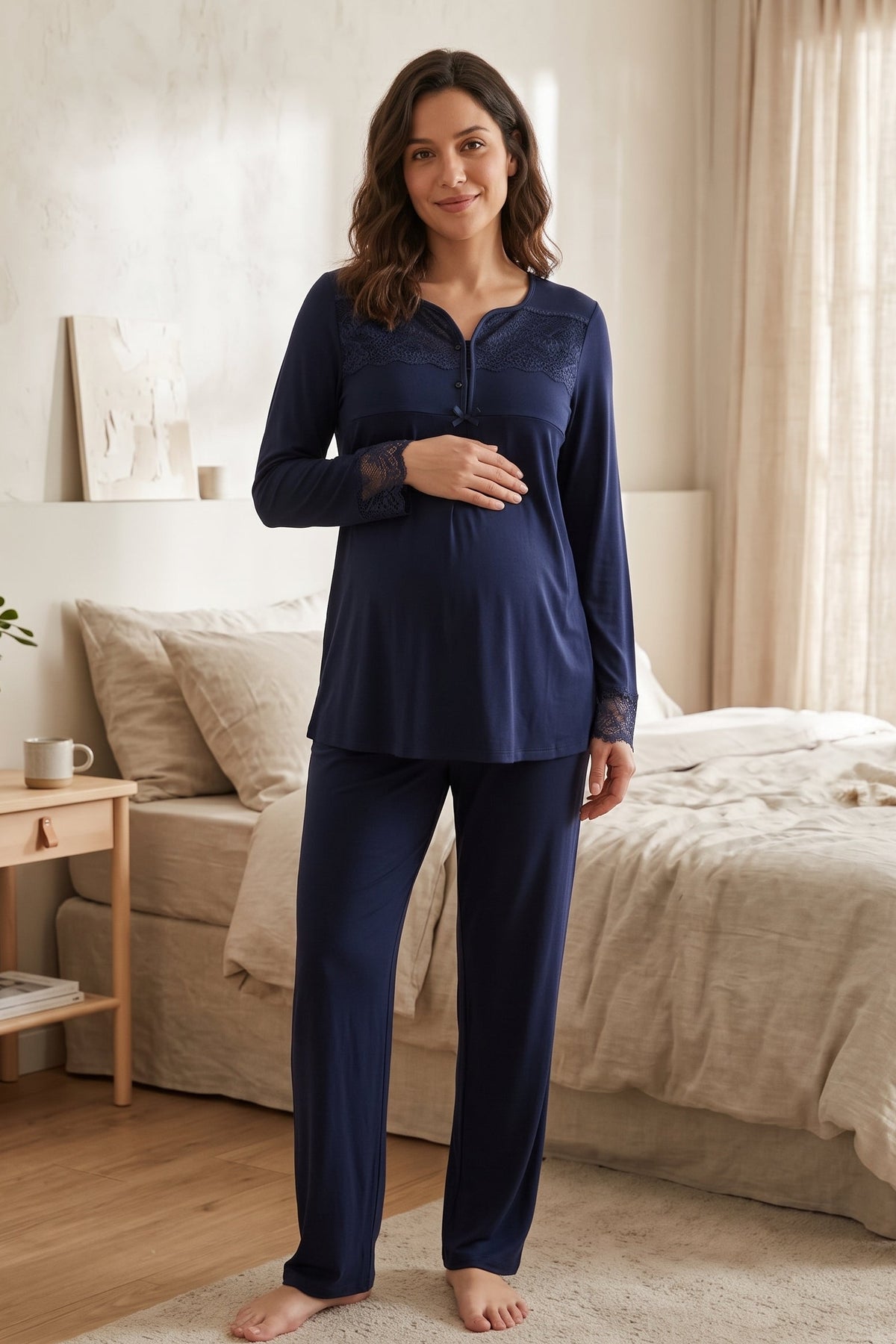 Lace Collar and Sleeve Maternity Feeding-Friendly Pajama Set Navy Blue - T4082