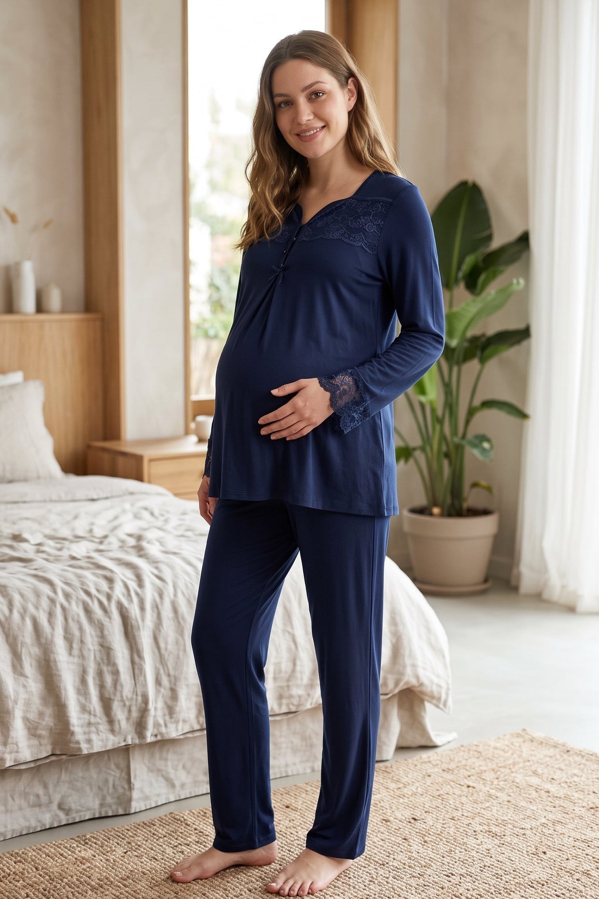 Lace Collar and Sleeve Maternity Feeding-Friendly Pajama Set Navy Blue - T4082