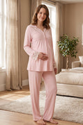 Lace Collar and Sleeve Maternity Feeding-Friendly Pajama Set Powder - T4082