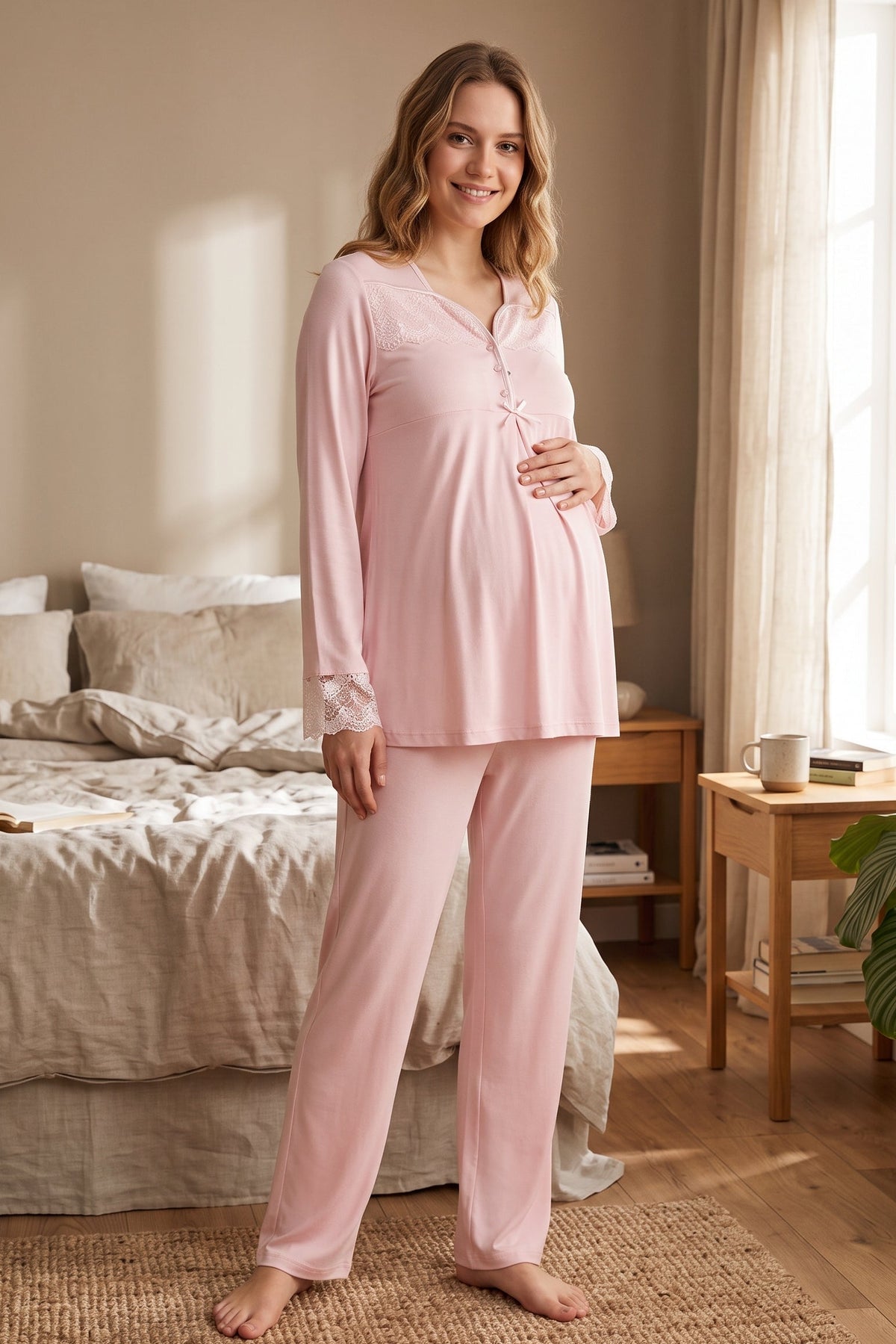 Lace Collar and Sleeve Maternity Feeding-Friendly Pajama Set Powder - T4082
