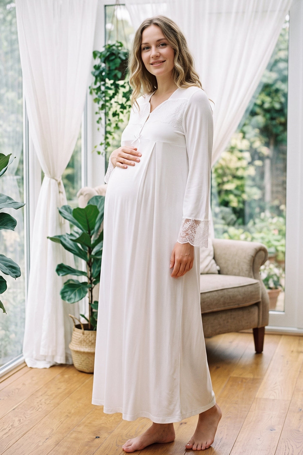 Lace Collar and Sleeve Maternity Feeding-Friendly Nightgown Ecru - T4083