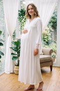 Lace Collar and Sleeve Maternity Feeding-Friendly Nightgown Ecru - T4083