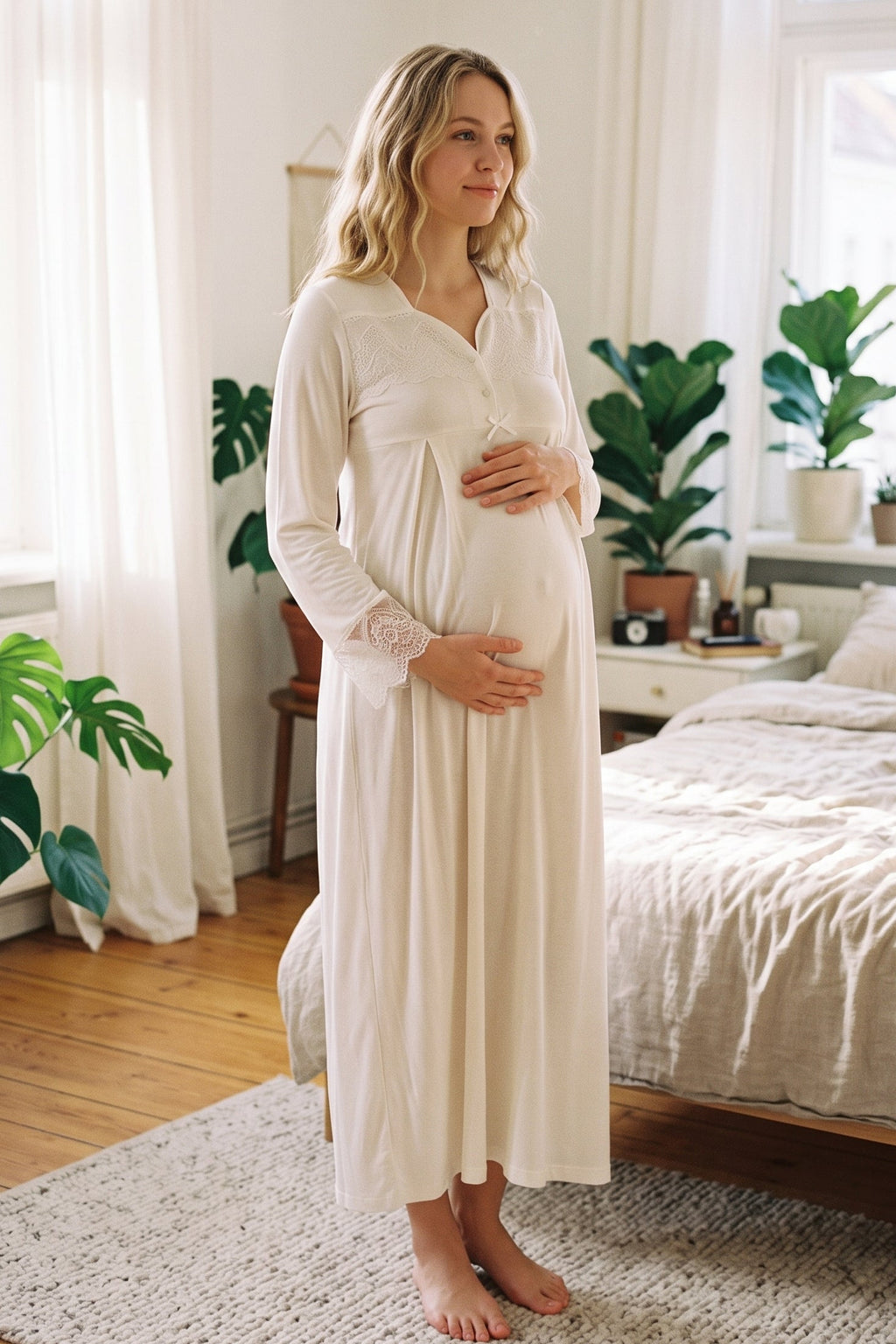 Lace Collar and Sleeve Maternity Feeding-Friendly Nightgown Ecru - T4083