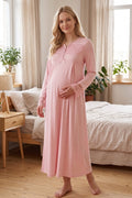 Lace Collar and Sleeve Maternity Feeding-Friendly Nightgown Powder - T4083