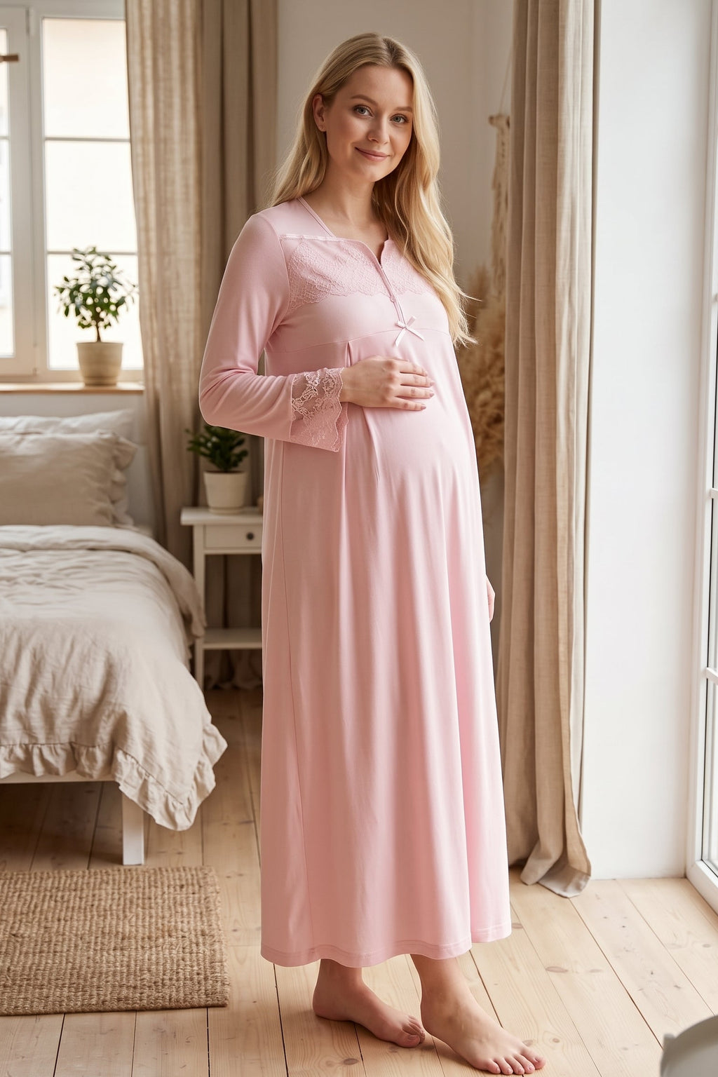 Lace Collar and Sleeve Maternity Feeding-Friendly Nightgown Powder - T4083