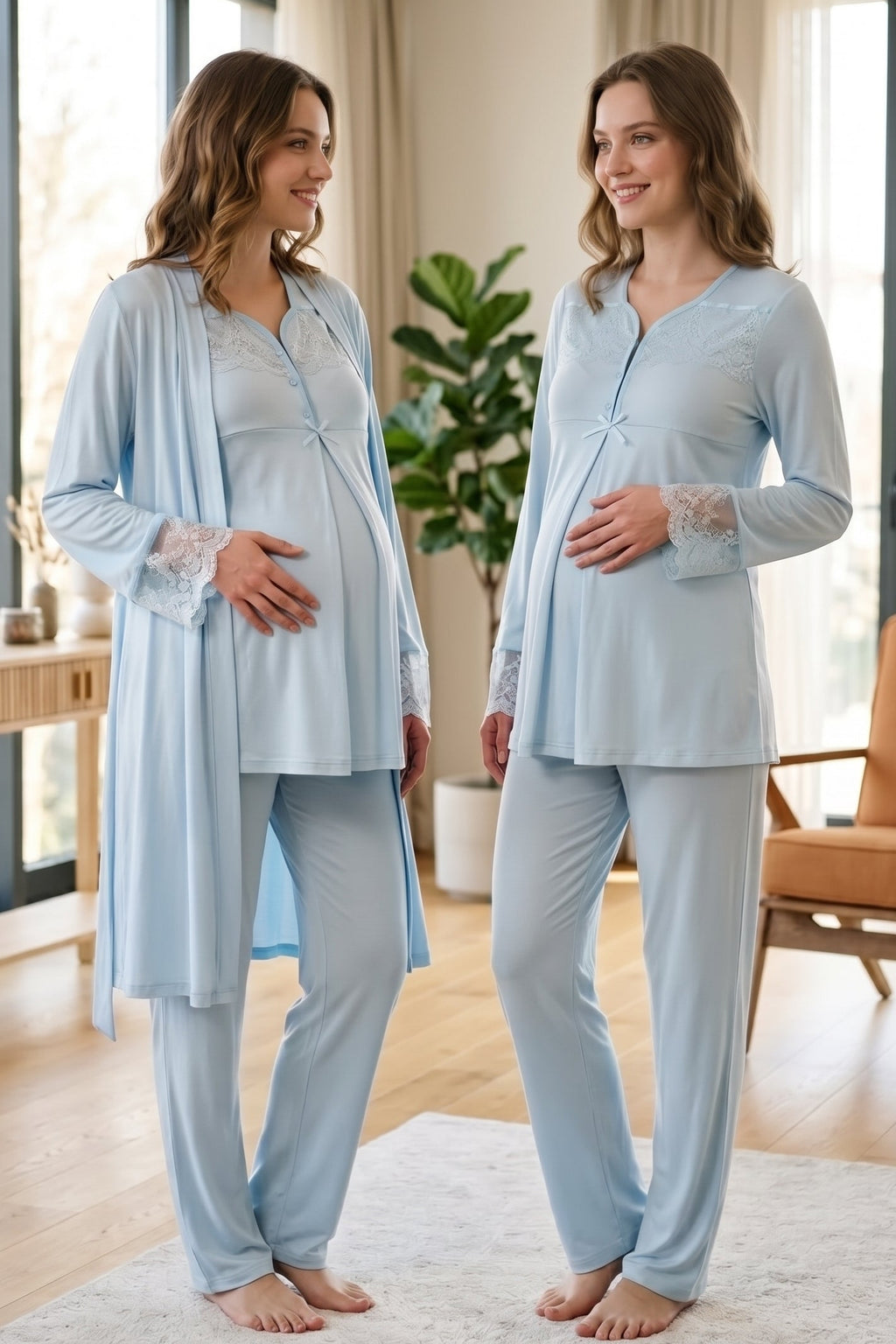 Lace Collar and Sleeve 3-Piece Maternity Feeding-Friendly Pajama & Robe Set Blue - T4084