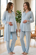 Lace Collar and Sleeve 3-Piece Maternity Feeding-Friendly Pajama & Robe Set Blue - T4084