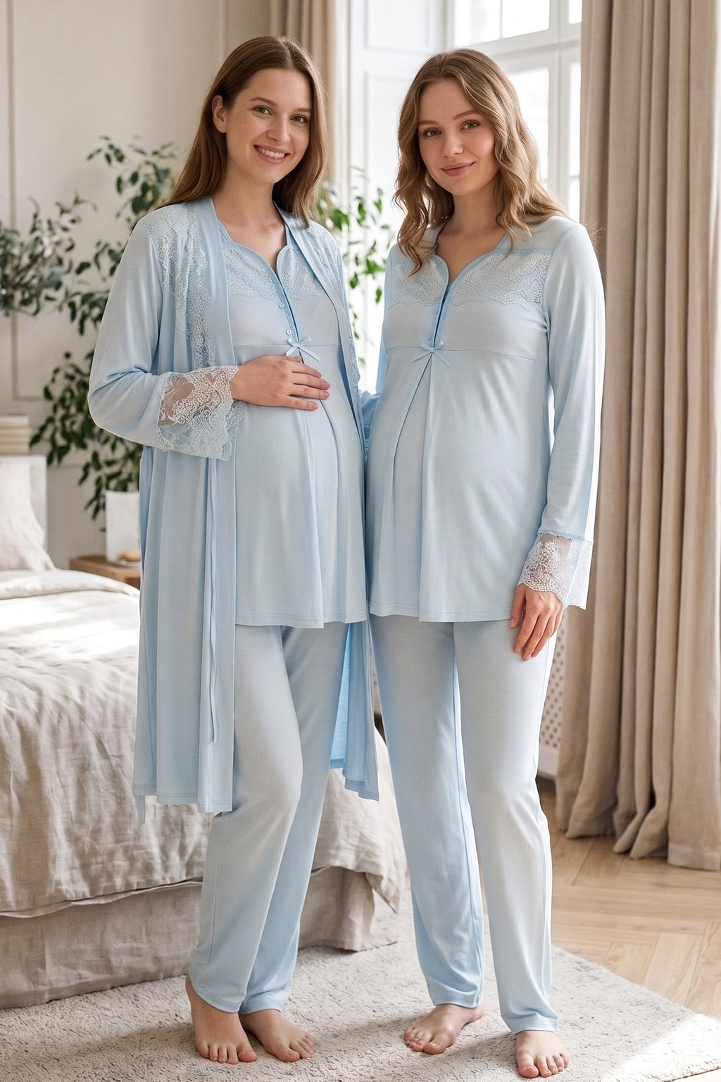 Lace Collar and Sleeve 3-Piece Maternity Feeding-Friendly Pajama & Robe Set Blue - T4084