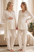 Lace Collar and Sleeve 3-Piece Maternity Feeding-Friendly Pajama & Robe Set Ecru - T4084