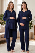Lace Collar and Sleeve 3-Piece Maternity Feeding-Friendly Pajama & Robe Set Navy Blue - T4084