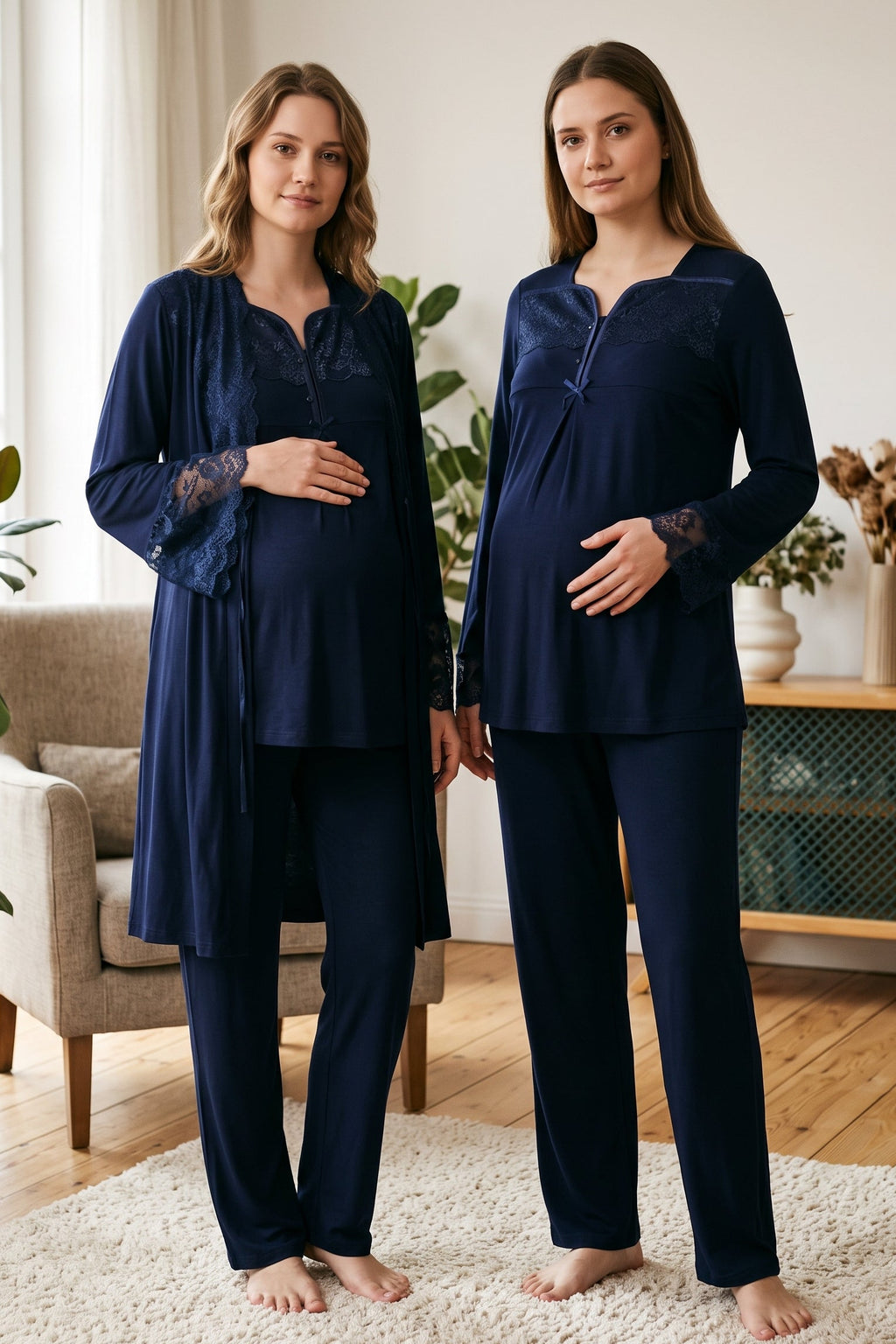 Lace Collar and Sleeve 3-Piece Maternity Feeding-Friendly Pajama & Robe Set Navy Blue - T4084