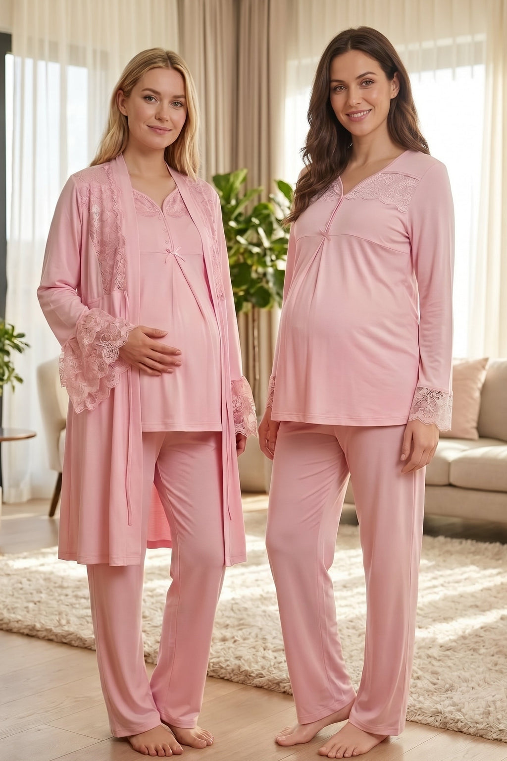 Lace Collar and Sleeve 3-Piece Maternity Feeding-Friendly Pajama & Robe Set Powder - T4084