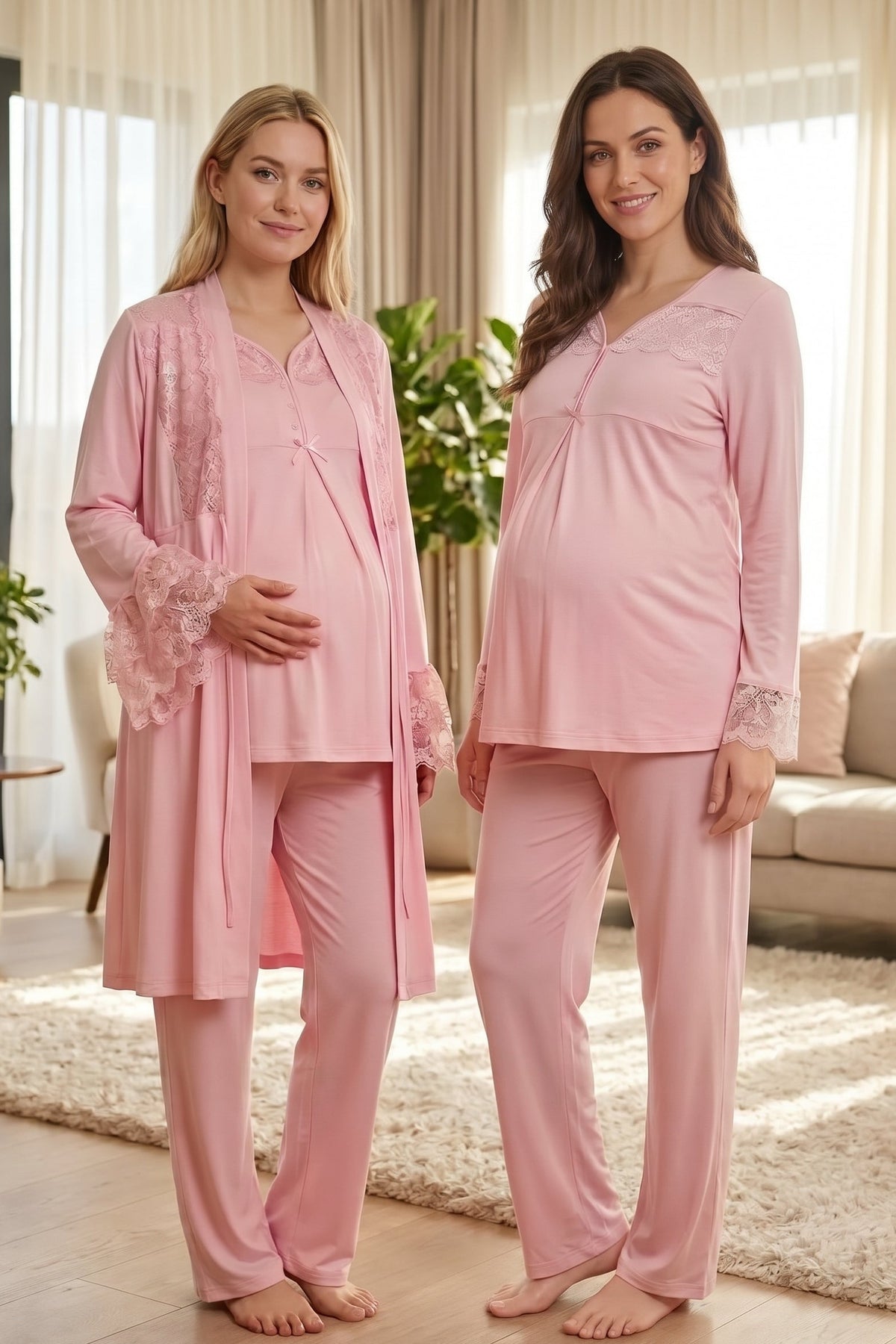 Lace Collar and Sleeve 3-Piece Maternity Feeding-Friendly Pajama & Robe Set Powder - T4084