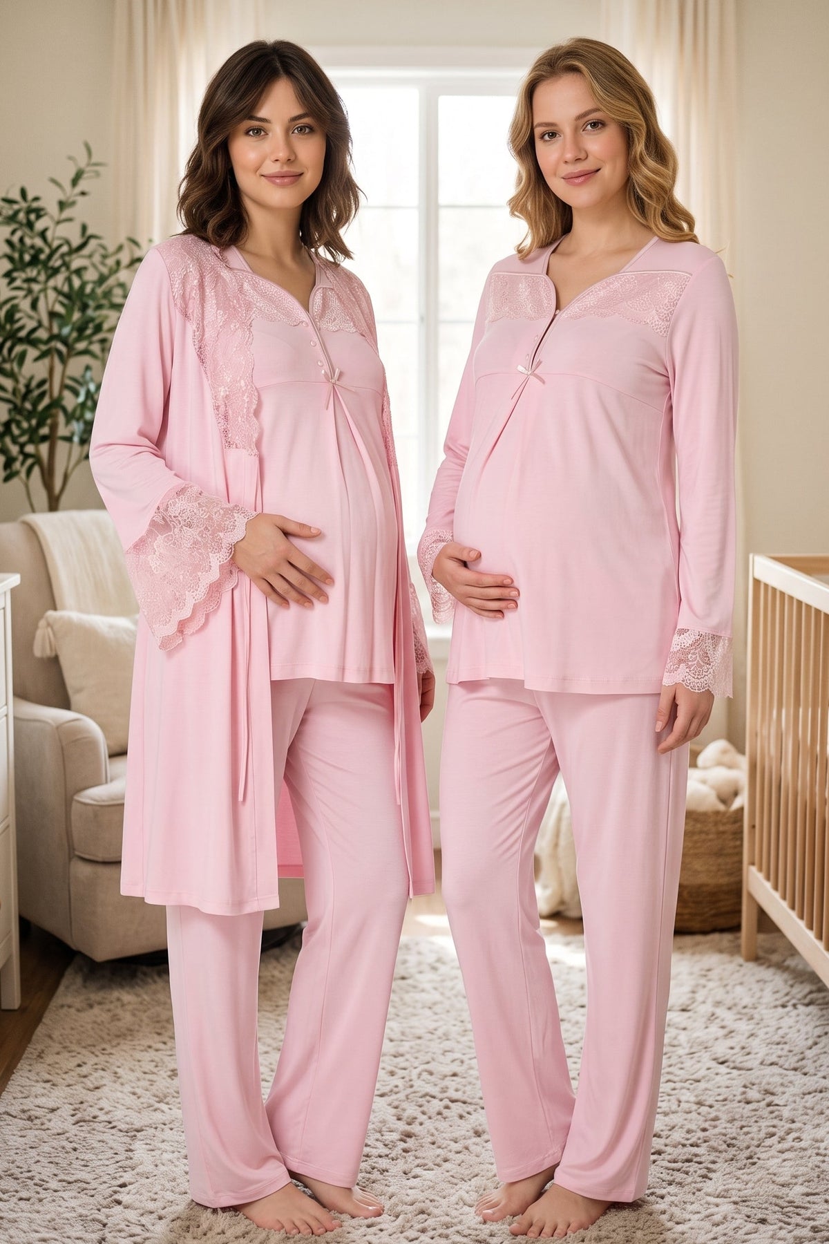Lace Collar and Sleeve 3-Piece Maternity Feeding-Friendly Pajama & Robe Set Powder - T4084