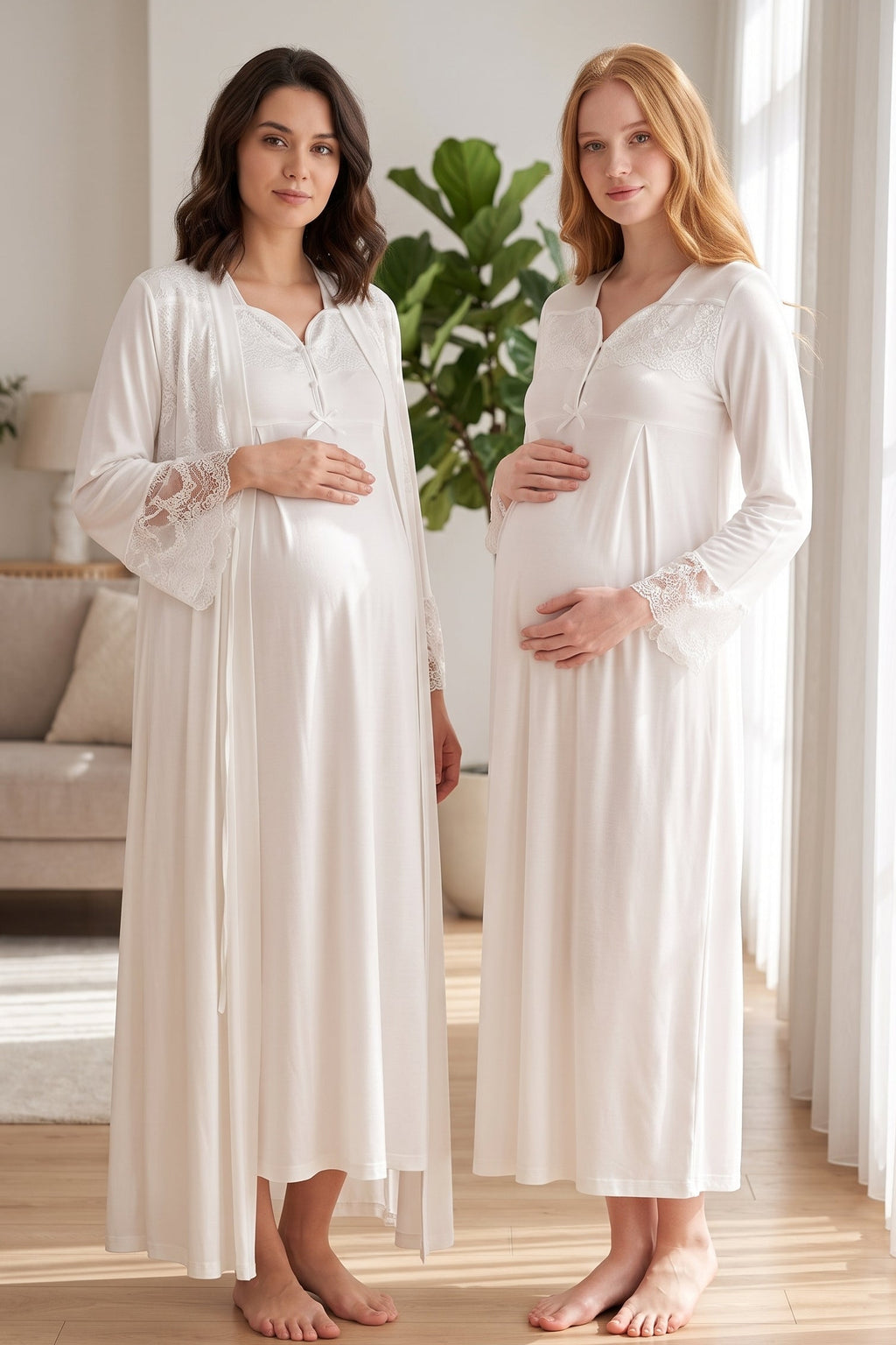 Lace Collar and Sleeve 2-Piece Maternity Feeding-Friendly Nightgown & Robe Set Ecru - T4085