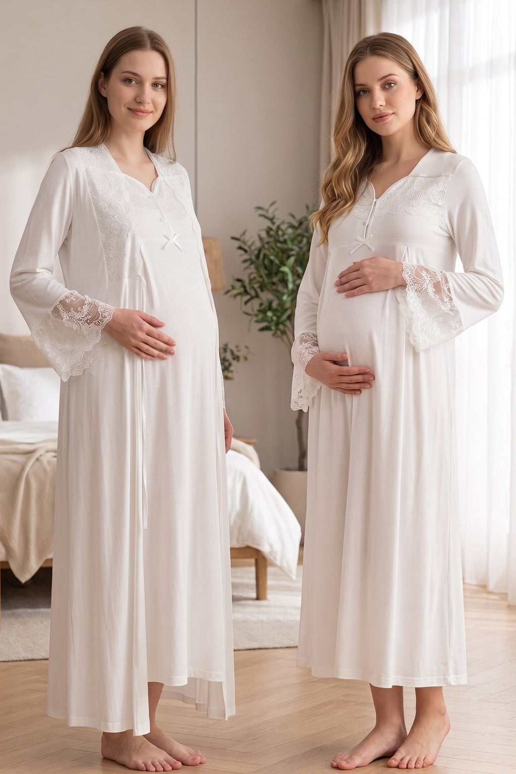 Lace Collar and Sleeve 2-Piece Maternity Feeding-Friendly Nightgown & Robe Set Ecru - T4085
