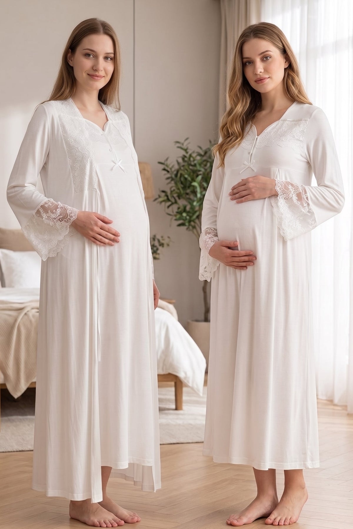 Lace Collar and Sleeve 2-Piece Maternity Feeding-Friendly Nightgown & Robe Set Ecru - T4085