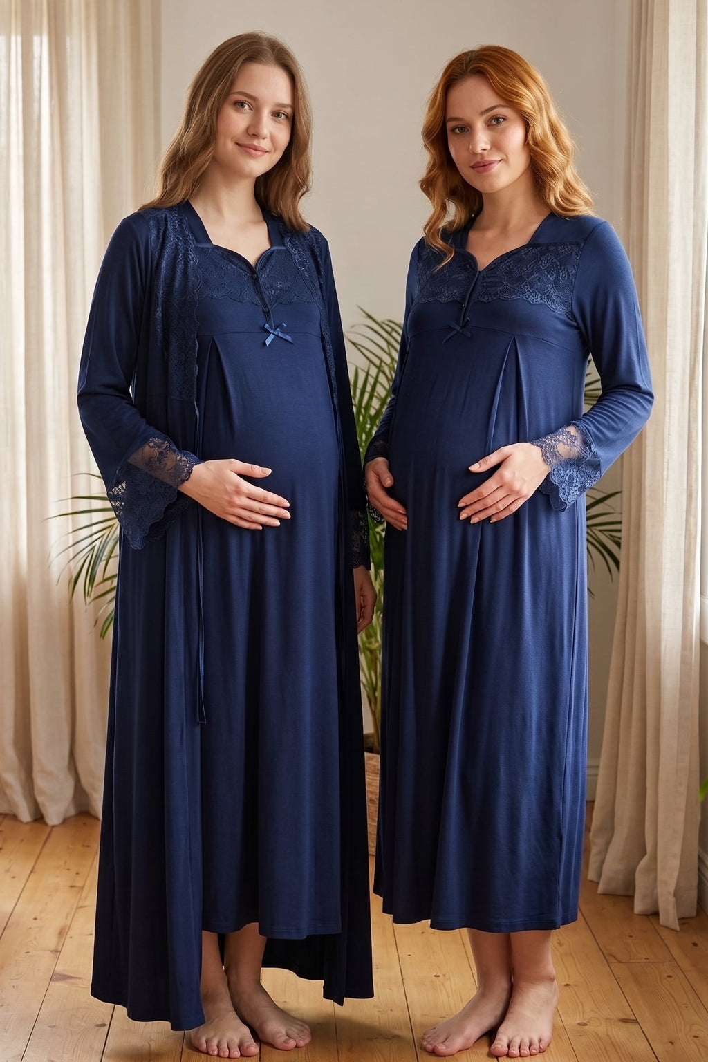 Lace Collar and Sleeve 2-Piece Maternity Feeding-Friendly Nightgown & Robe Set Navy Blue - T4085