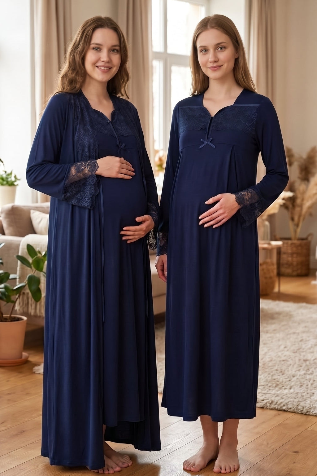 Lace Collar and Sleeve 2-Piece Maternity Feeding-Friendly Nightgown & Robe Set Navy Blue - T4085