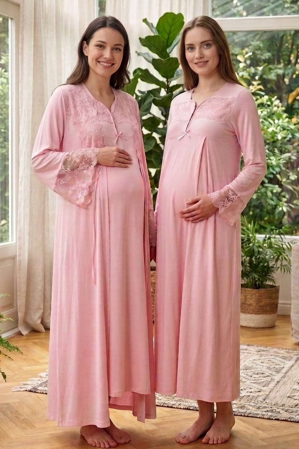 Lace Collar and Sleeve 2-Piece Maternity Feeding-Friendly Nightgown & Robe Set Powder - T4085