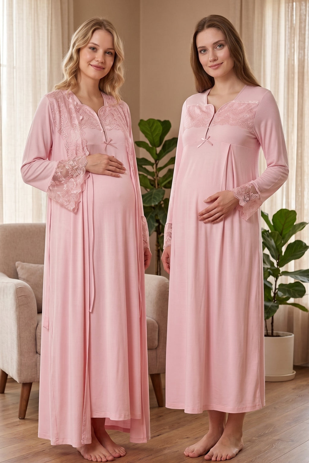 Lace Collar and Sleeve 2-Piece Maternity Feeding-Friendly Nightgown & Robe Set Powder - T4085