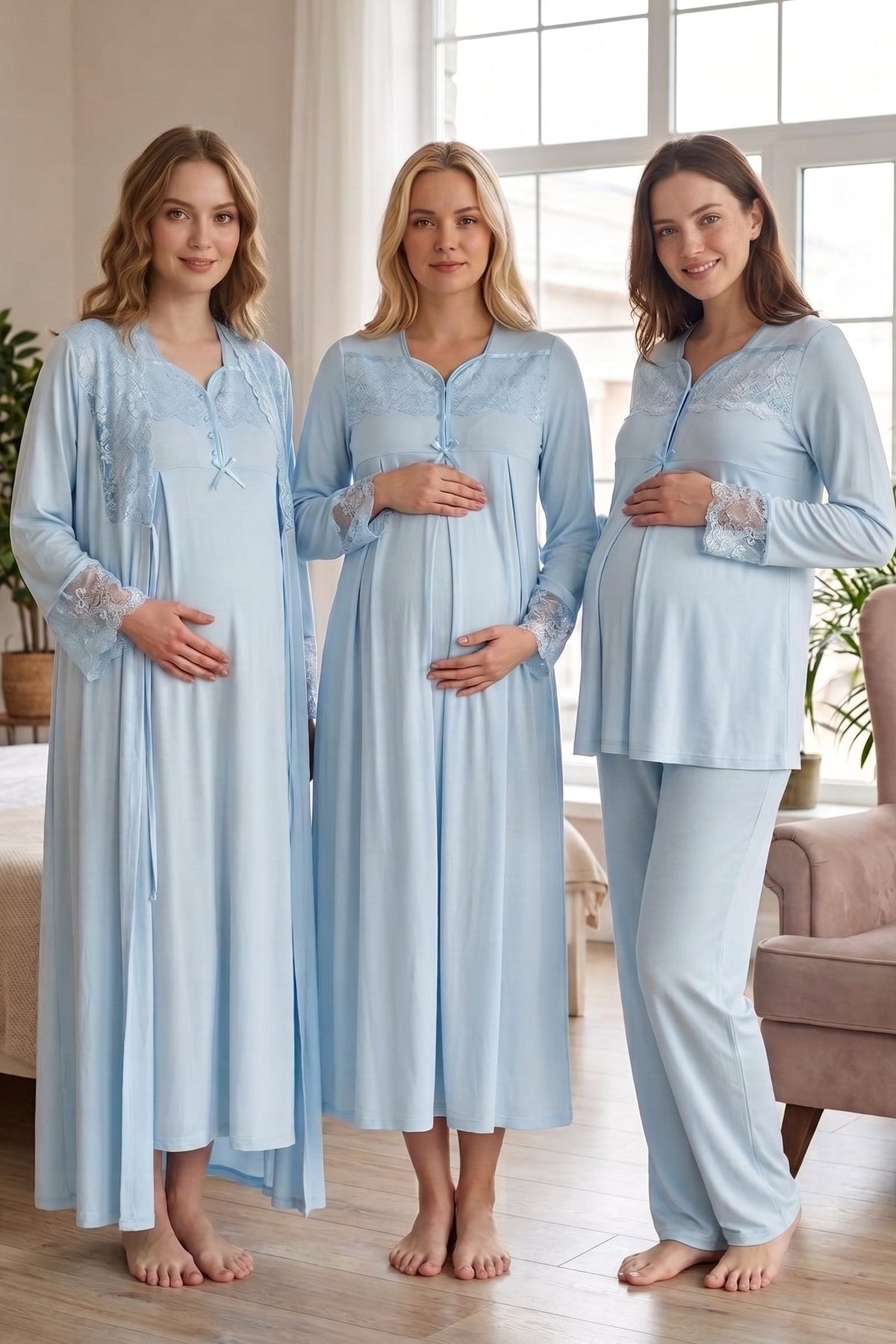 طقم أمومة مكون من 4 قطع بصدر ورباط دانتيل وأكمام - أزرق - T4086