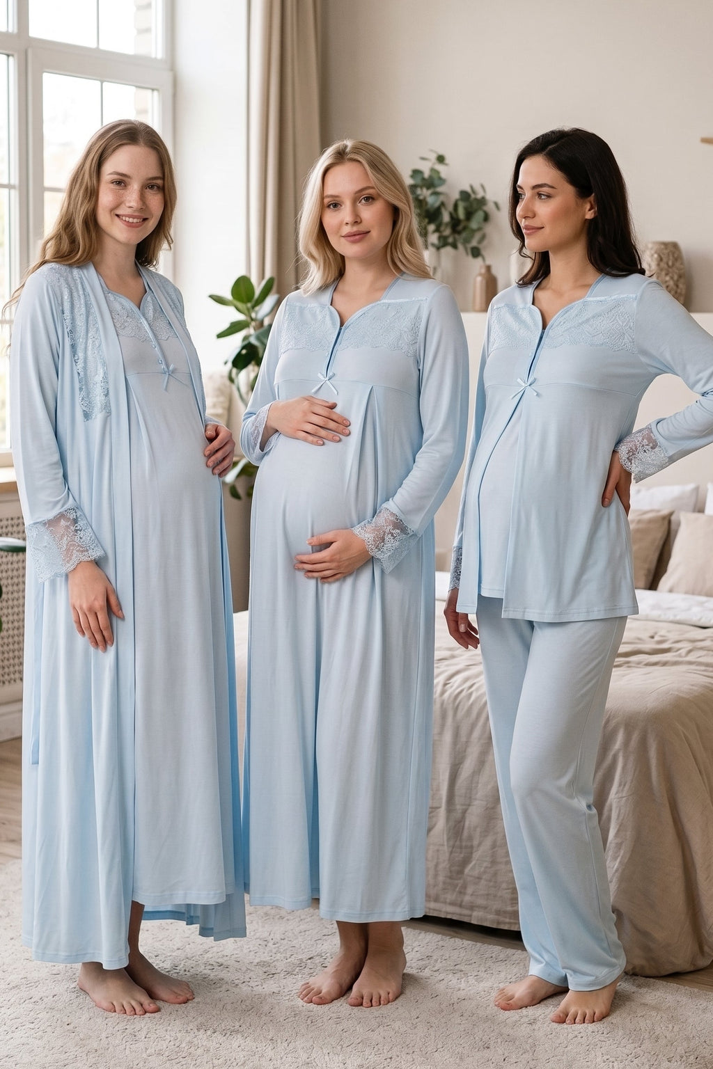 طقم أمومة مكون من 4 قطع بصدر ورباط دانتيل وأكمام - أزرق - T4086