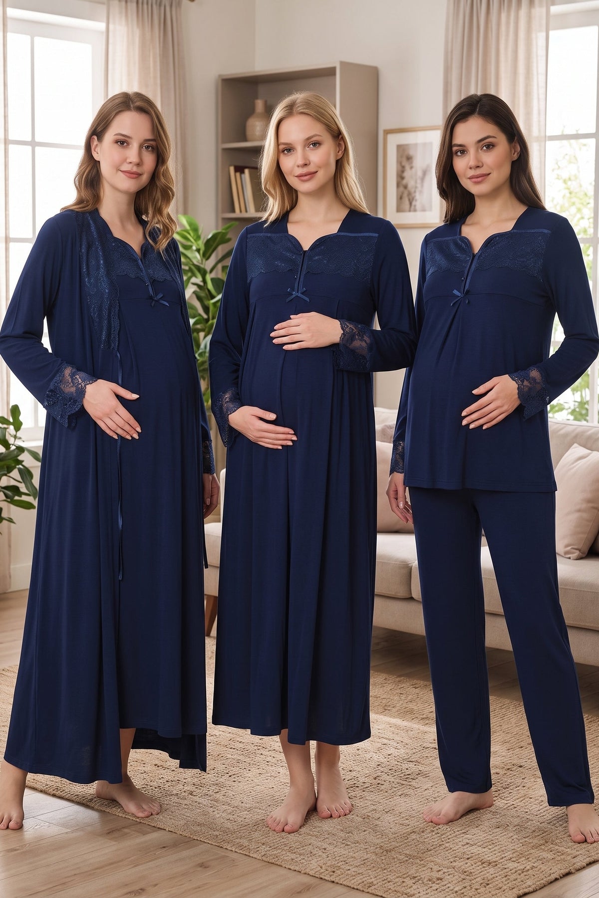 طوق الدانتيل والأكمام 4-Piece مجموعة ملائمة لتغذية الأمومة باللون الأزرق البحري - T4086