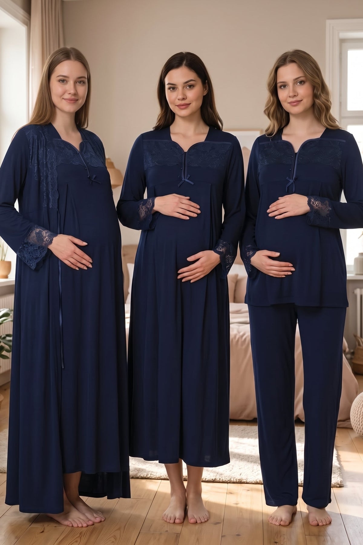 طوق الدانتيل والأكمام 4-Piece مجموعة ملائمة لتغذية الأمومة باللون الأزرق البحري - T4086