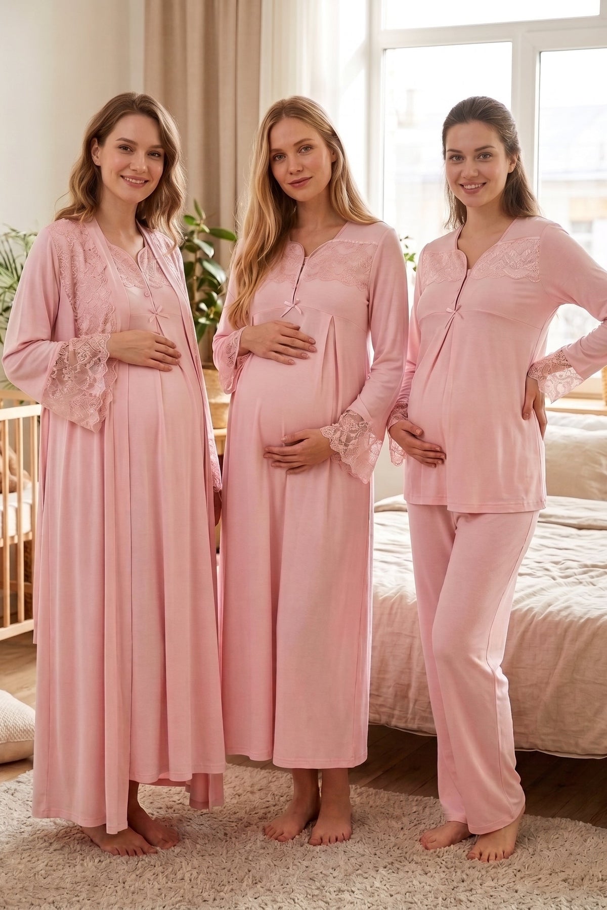 Lace Collar and Sleeve 4-Piece Maternity Feeding-Friendly Set Powder - T4086