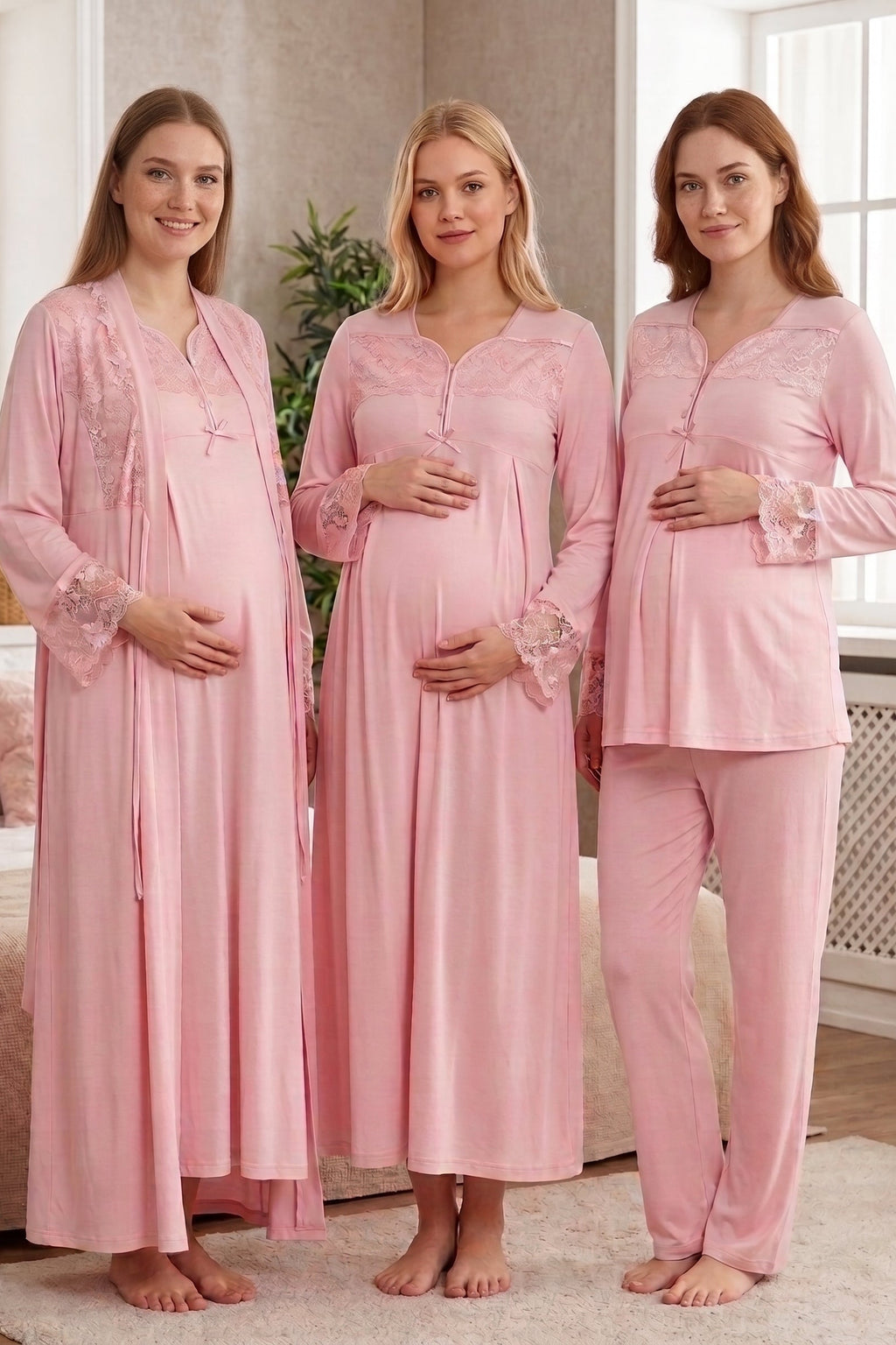 Lace Collar and Sleeve 4-Piece Maternity Feeding-Friendly Set Powder - T4086