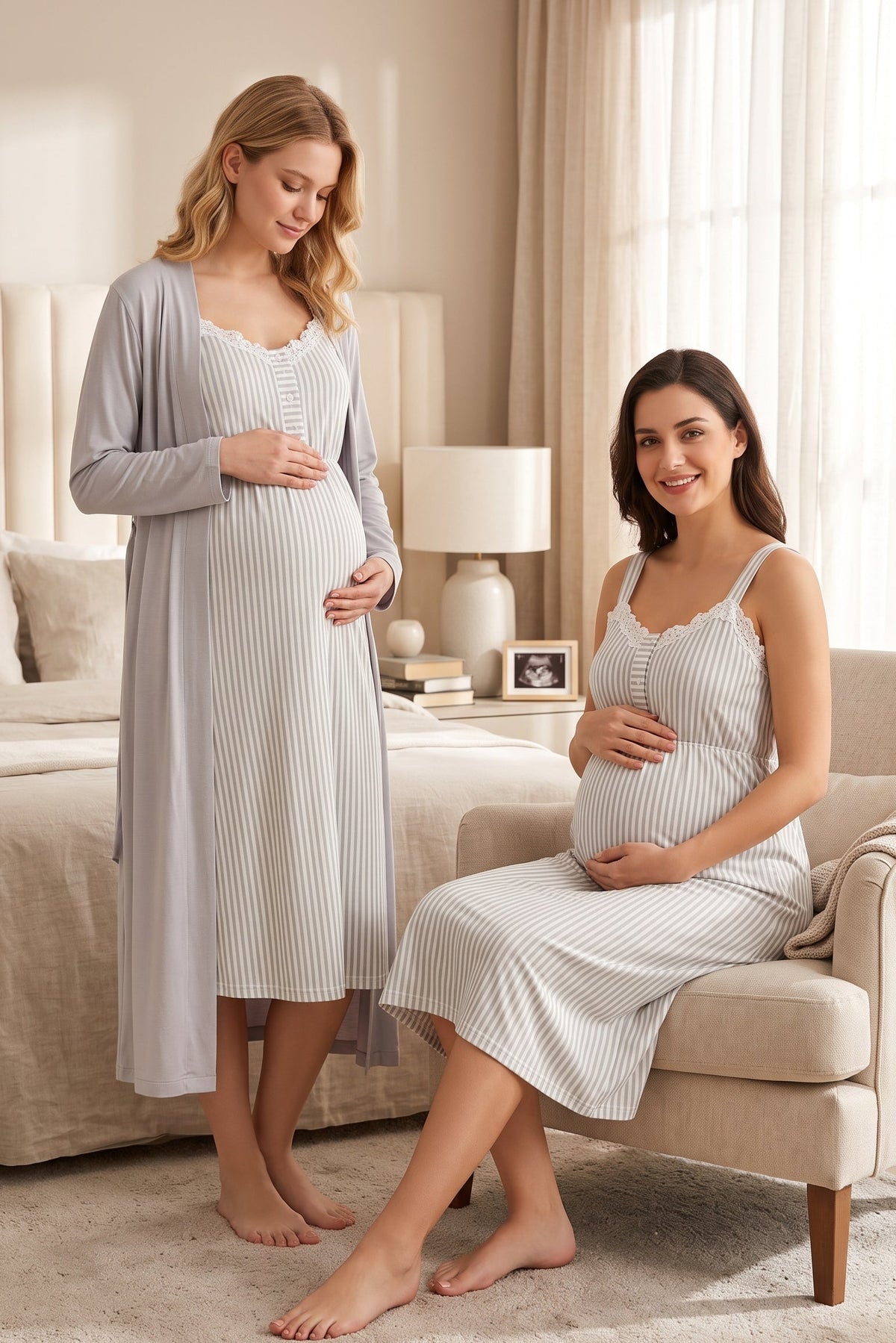 Lace Collar Striped Maternity Feeding-Friendly Nightgown & Robe Set Grey - T4095