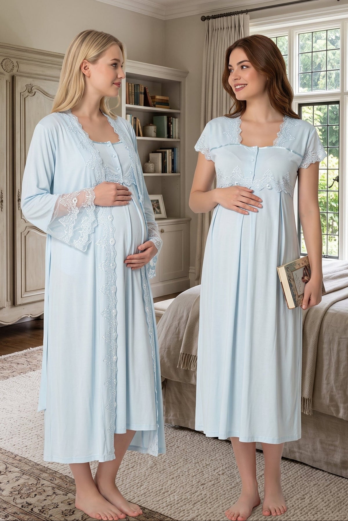 Lace Collar Maternity Feeding-Friendly Nightgown & Lace Detailed Robe Set Blue - T5010