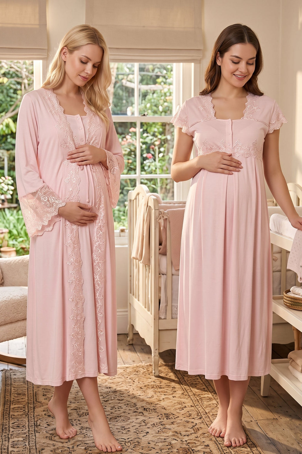Lace Collar Maternity Feeding-Friendly Nightgown & Lace Detailed Robe Set Pink - T5010