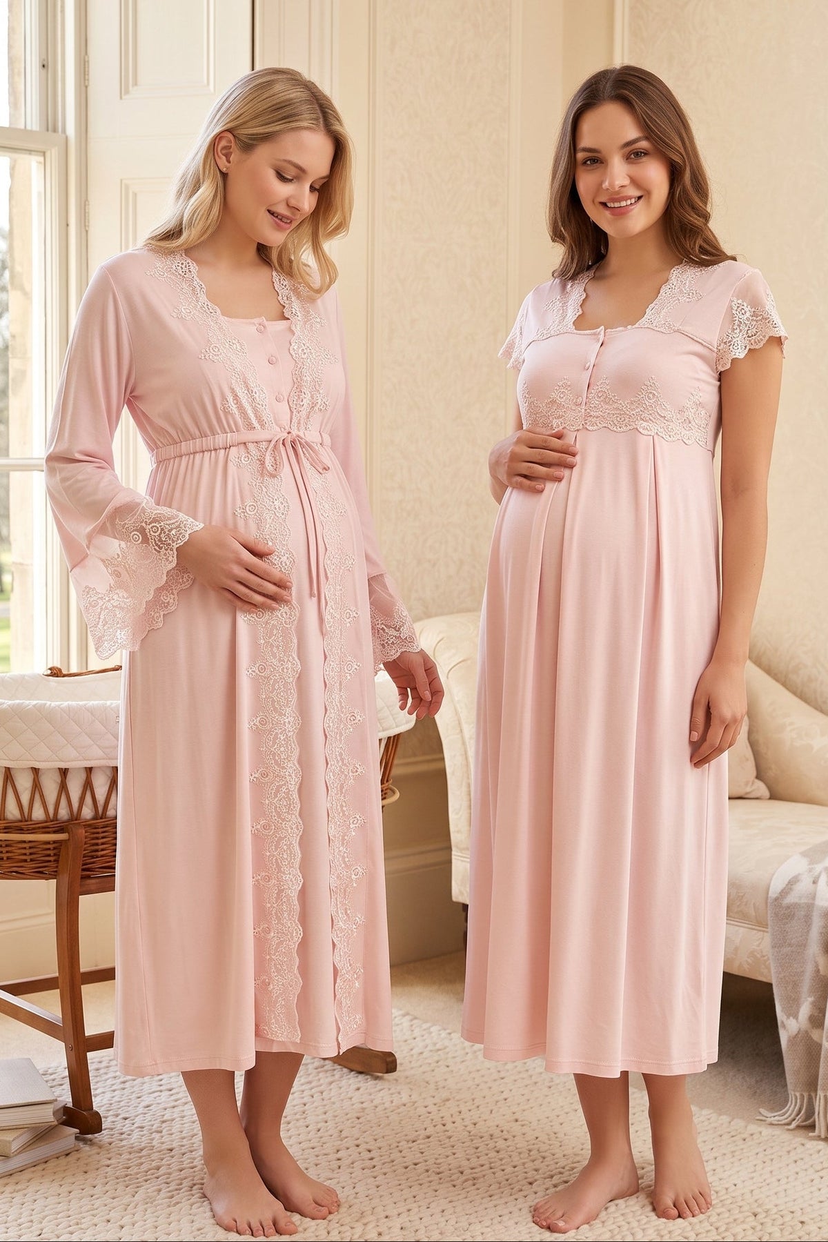 Lace Collar Maternity Feeding-Friendly Nightgown & Lace Detailed Robe Set Pink - T5010