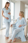 Lace Collar 3-Piece Maternity Feeding-Friendly Pajama & Lace Detailed Robe Set Blue - T5011
