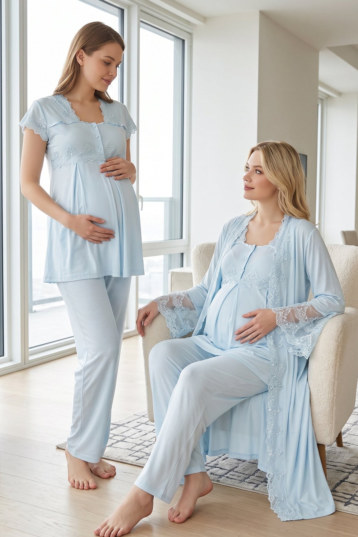 Lace Collar 3-Piece Maternity Feeding-Friendly Pajama & Lace Detailed Robe Set Blue - T5011