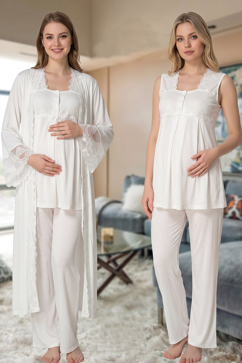 Lace Collar 3-Piece Maternity Feeding-Friendly Pajama & Lace Detailed Robe Set Ecru - T5011