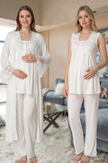 Lace Collar 3-Piece Maternity Feeding-Friendly Pajama & Lace Detailed Robe Set Ecru - T5011