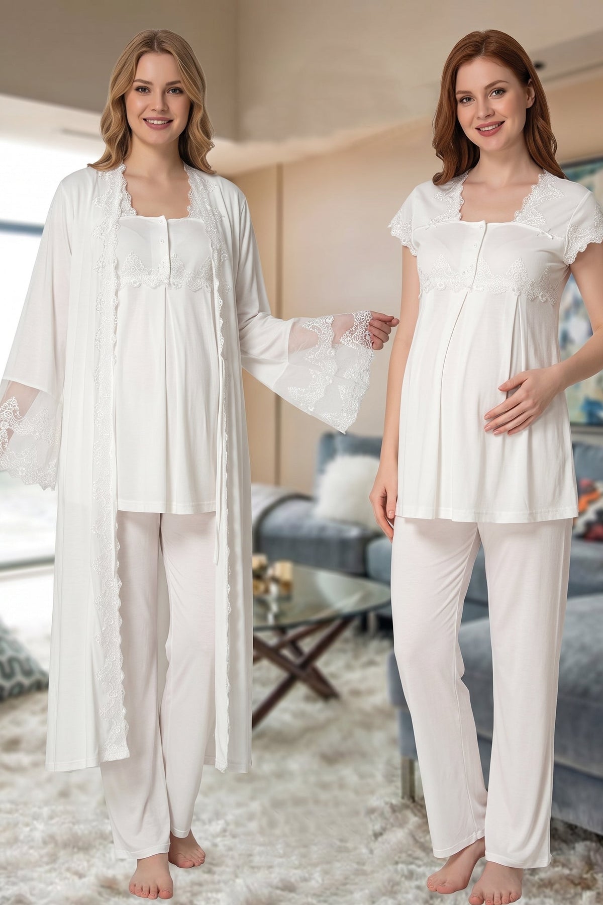 Lace Collar 3-Piece Maternity Feeding-Friendly Pajama & Lace Detailed Robe Set Ecru - T5011