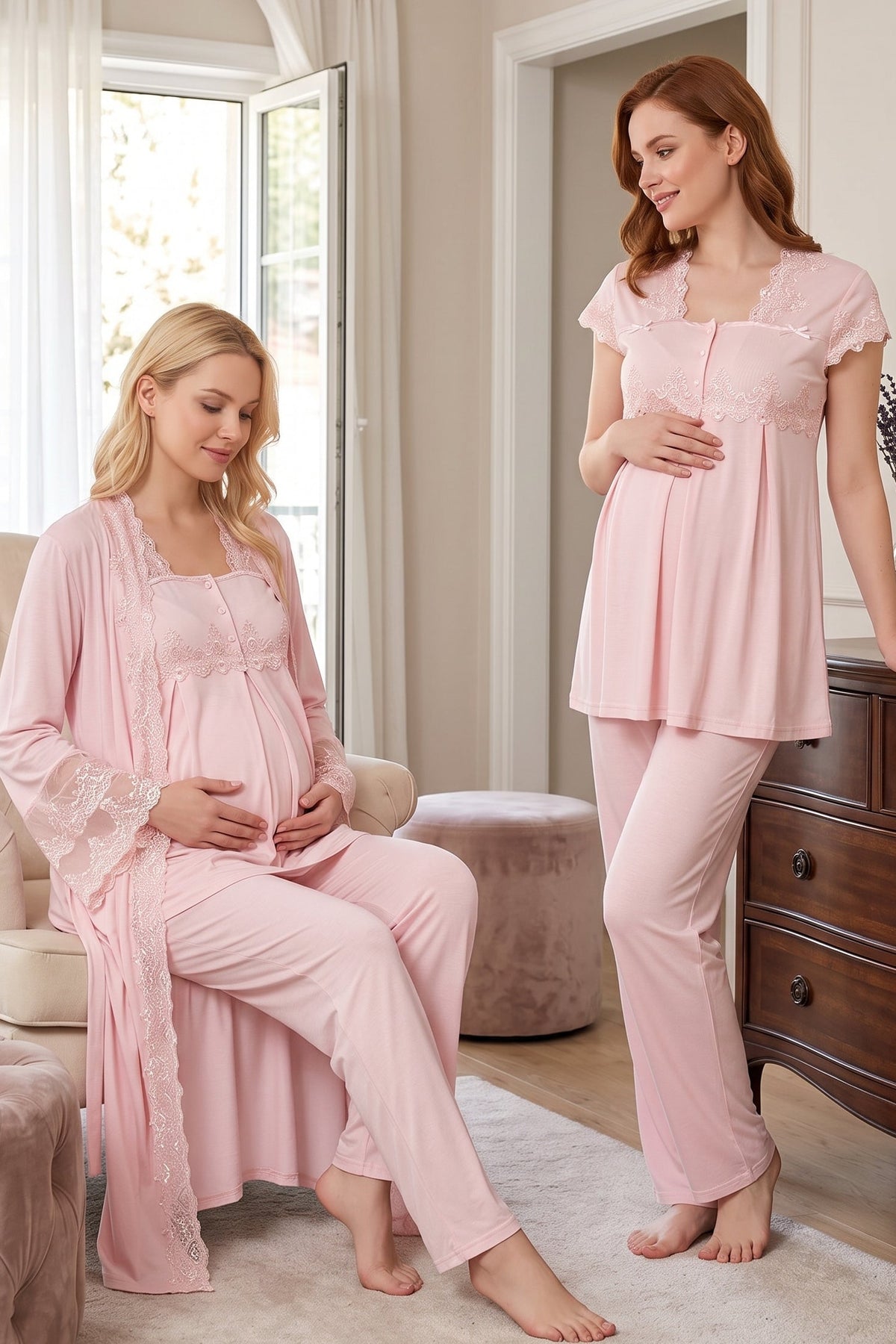 Lace Collar 3-Piece Maternity Feeding-Friendly Pajama & Lace Detailed Robe Set Pink - T5011