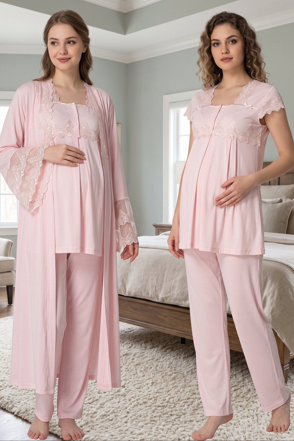 Lace Collar 3-Piece Maternity Feeding-Friendly Pajama & Lace Detailed Robe Set Pink - T5011