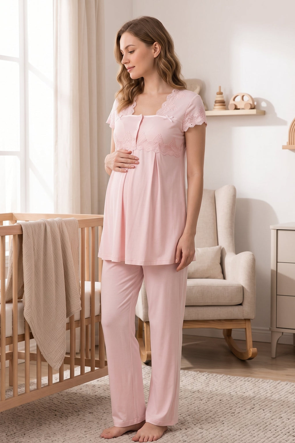 Lace Collar Maternity Feeding-Friendly Pajama Set Pink - T5012