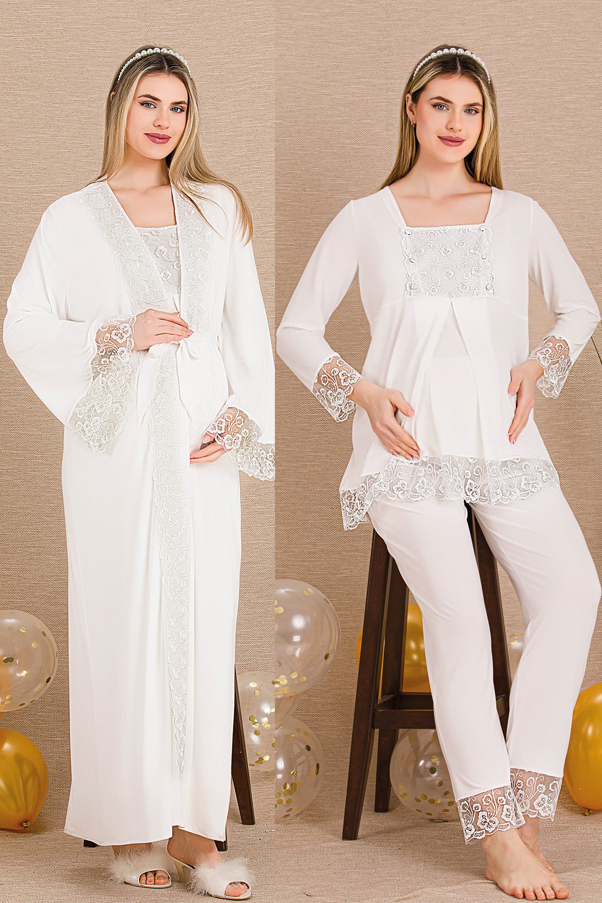 Elegant Lace Embroidered 4-Piece Maternity Feeding-Friendly Set Ecru - Y501203