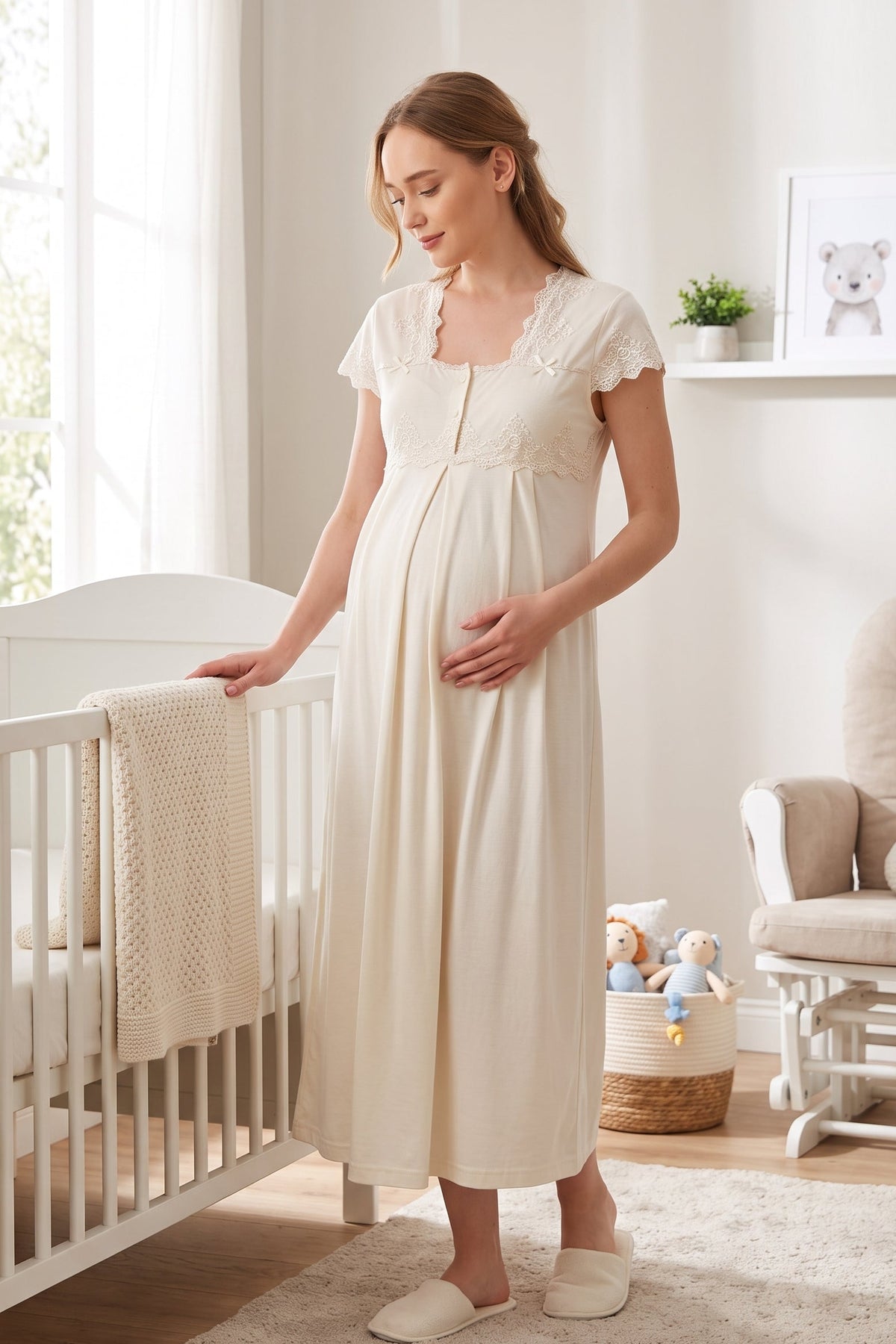 Lace Collar Maternity Feeding-Friendly Nightgown Ecru - T5013