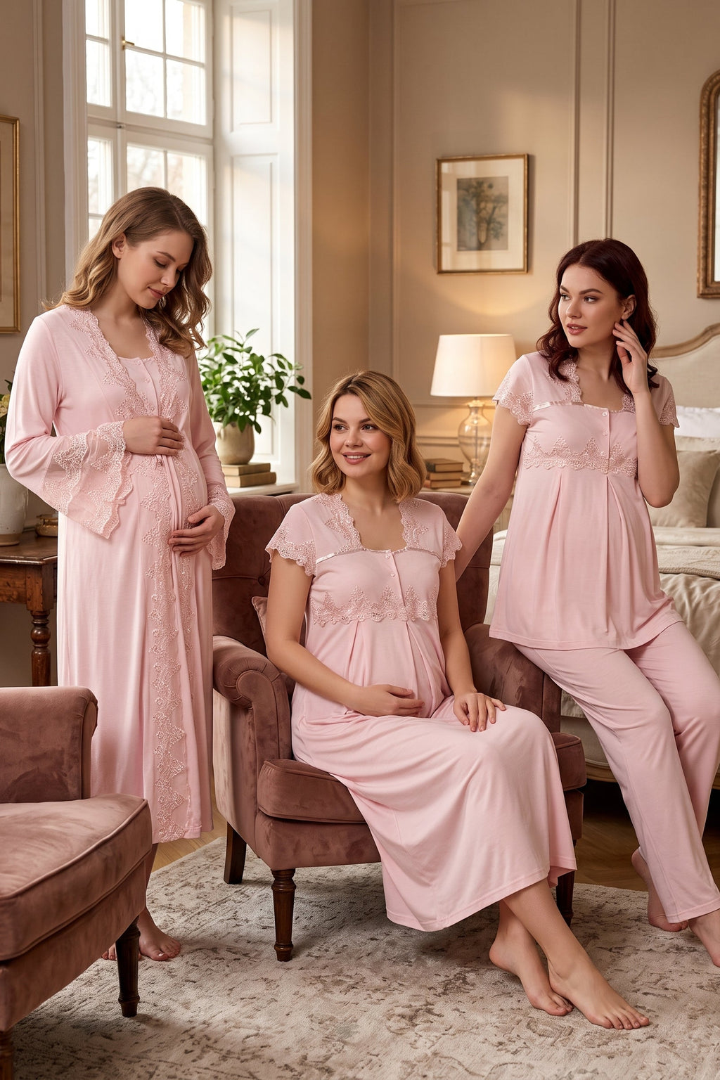 Lace Collar and Lace Detailed 4-Piece Maternity Feeding-Friendly Set Pink - T5015